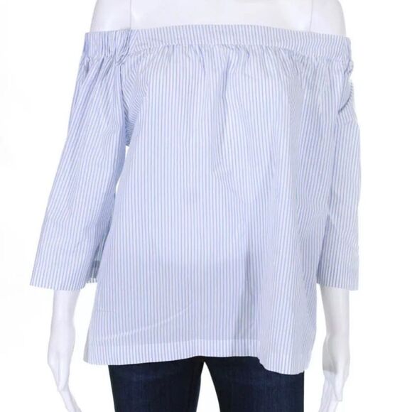 Madewell Blue White Stripe Off Shoulder Relaxed 3/4 Sleeve Coastal Tunic Top M - Picture 2 of 4